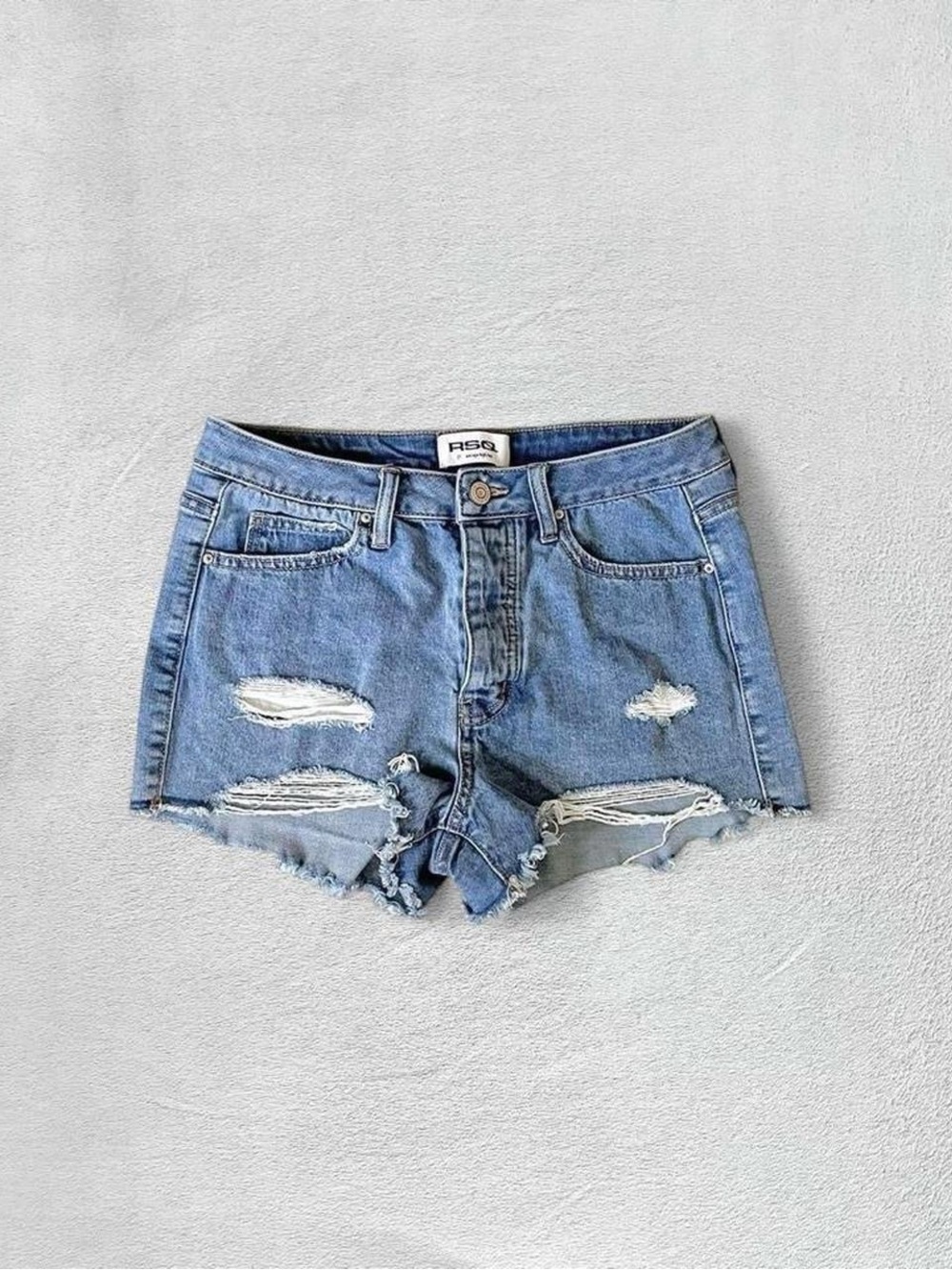 RSQ Vintage High Rise Medium Wash Distressed Raw Jean Shorts, Women’s 27”
